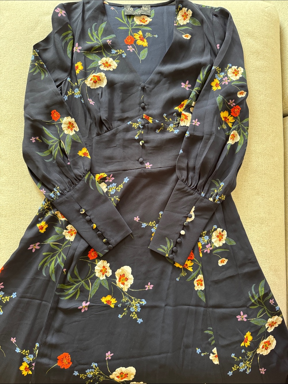 Floral V-Neck Long Sleeve Dress - Navy